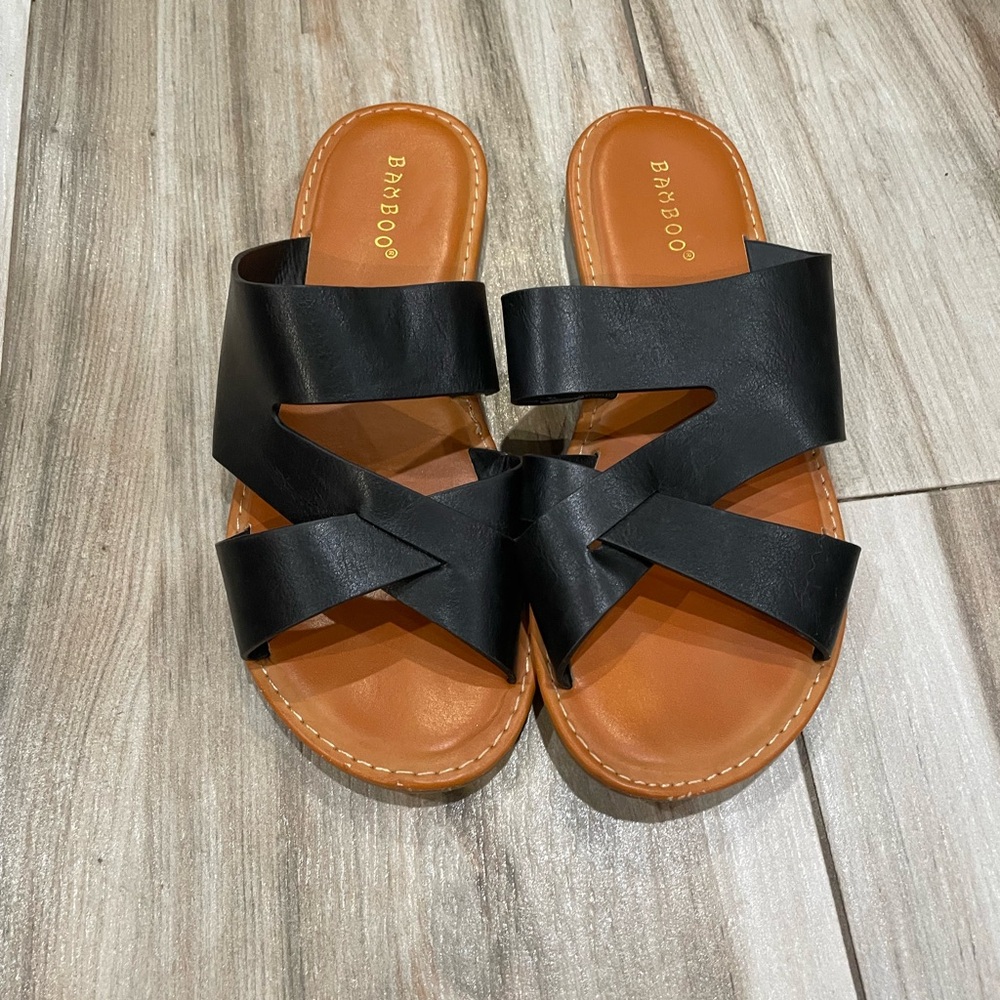 BAMBOO Black and Brown Sandals with Crisscross Straps
